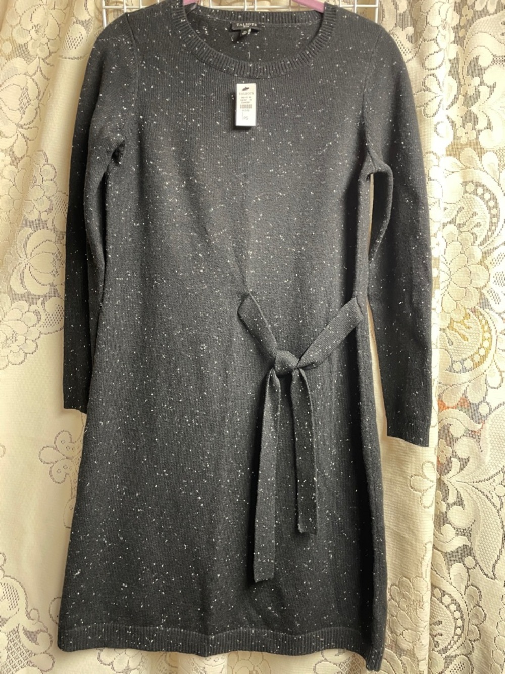 Talbots Black Speckled Knit Tie-Waist Long Sleeve Dress NWT
